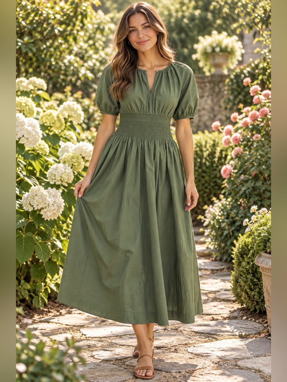 J. Crew Olive Green Midi Dress with Smocked Waist Size Medium